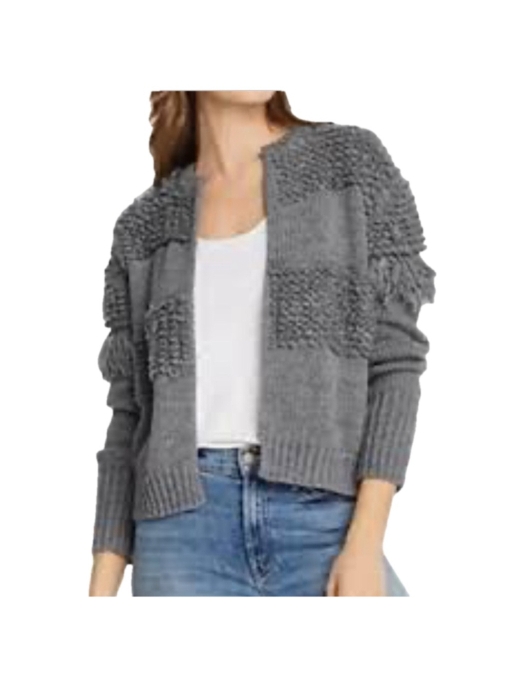 Do + Be Chunky Grey Knit Open Cardigan Fringe Details Boxy Oversized Size M EUC